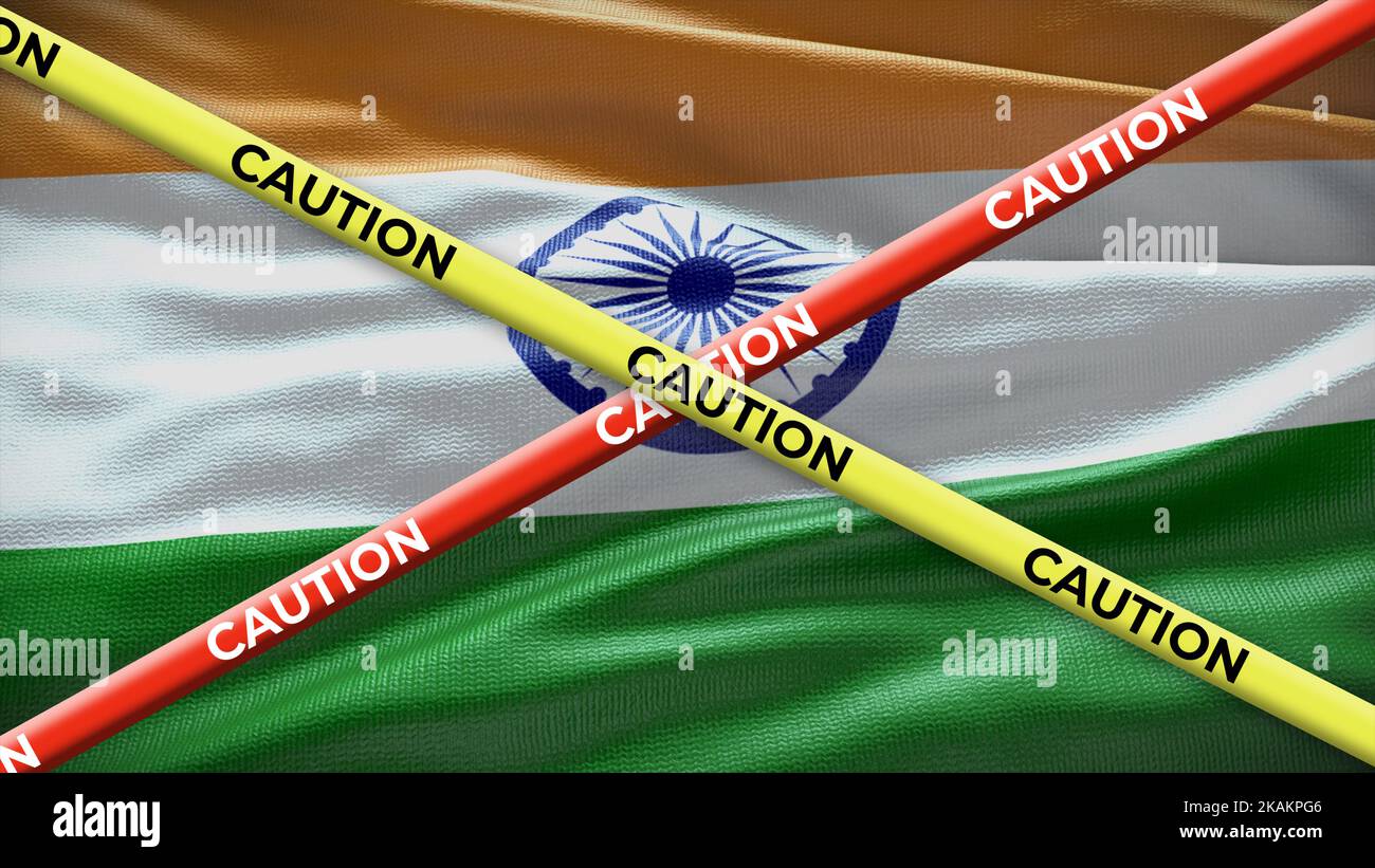 India country national flag with caution yellow tape. Issue in country news. 3D illustration. Stock Photo
