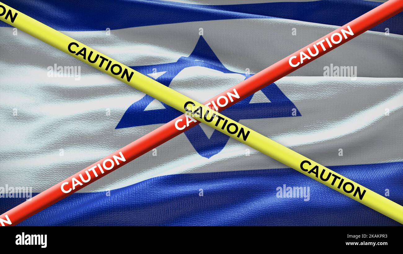 Israel country national flag with caution yellow tape. Issue in country news. 3D illustration. Stock Photo
