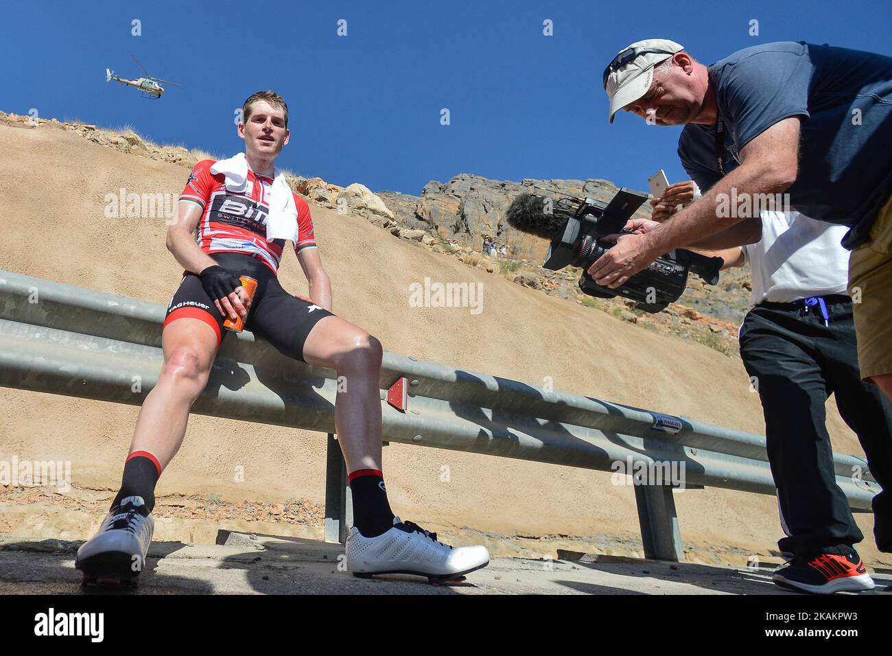 Ben HERMANS from BMC Racing Team enjoys a fresh drink at the finish line, after he wins the fifth stage, a 152.5km from Sama'il to Jabal Al Akhdhar (Green Mountain), at the 2017 cycling Tour of Oman. On Saturday, February 18, 2017, in Jabal Al Akhdhar, Ad Dakhiliyah Region, Oman. Photo by Artur Widak *** Please Use Credit from Credit Field ***  Stock Photo