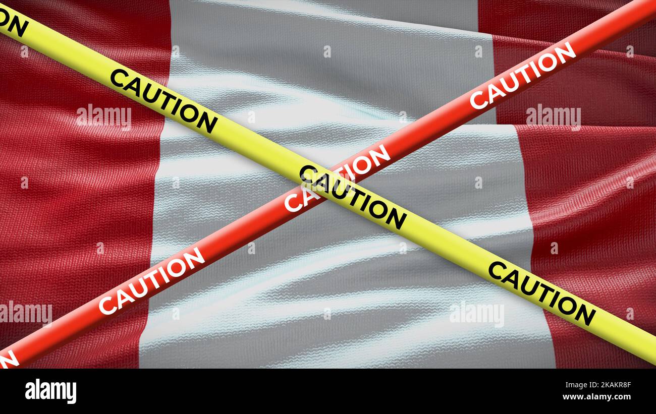 Peru country national flag with caution yellow tape. Issue in country news. 3D illustration. Stock Photo
