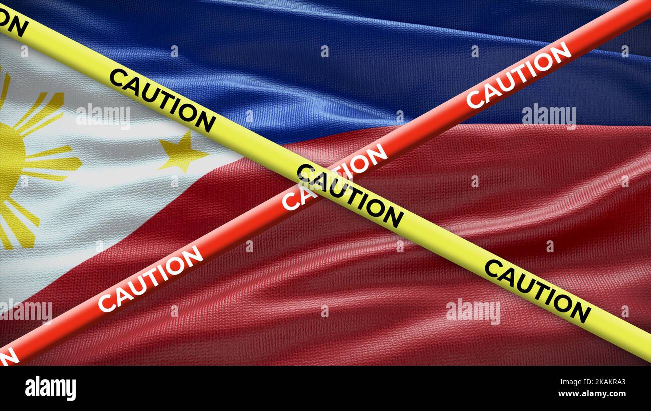 Philippines country national flag with caution yellow tape. Issue in country news. 3D illustration. Stock Photo