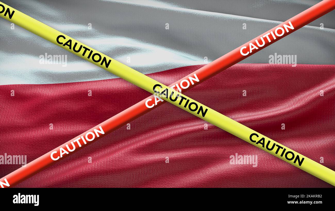 Poland country national flag with caution yellow tape. Issue in country news. 3D illustration. Stock Photo