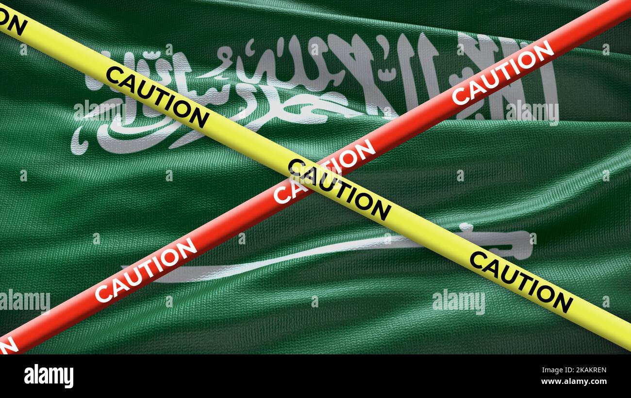 Saudi Arabia country national flag with caution yellow tape. Issue in country news. 3D illustration. Stock Photo
