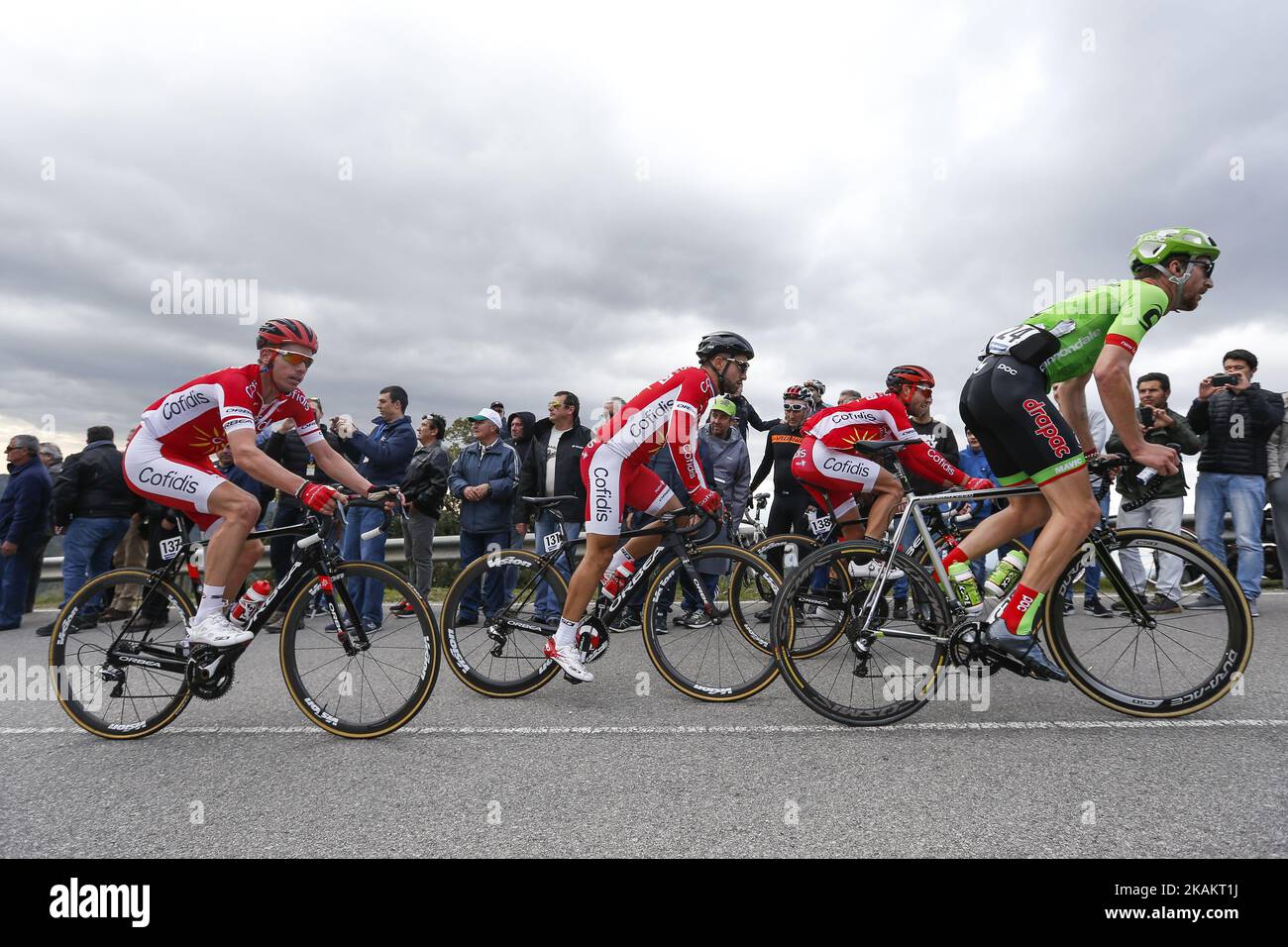 Kenneth Vanbilsen (L), Nacer Bouhanni (2L) and Jonas Van Genechten (3L) of Cofidis and Taylor Phinney (R) of Cannondale Drapac during the 5th stage of the cycling Tour of Algarve between Loule and Malhao, on February 19, 2017. (Photo by Filipe Amorim/NurPhoto) *** Please Use Credit from Credit Field *** Stock Photo