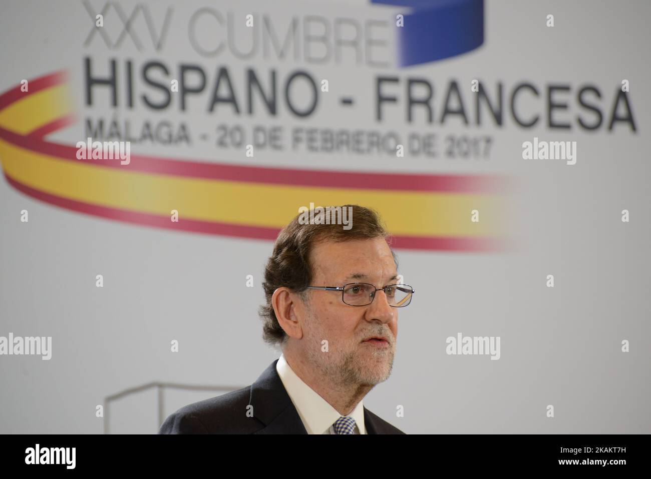 Spanish Prime Minister Mariano Rajoy speaks during a joint press conference with French Republic President at the Centre Pompidou during a Spanish-Franco summit in Malaga, on February 20, 2017. (Photo by Guillaume Pinon/NurPhoto) *** Please Use Credit from Credit Field *** Stock Photo