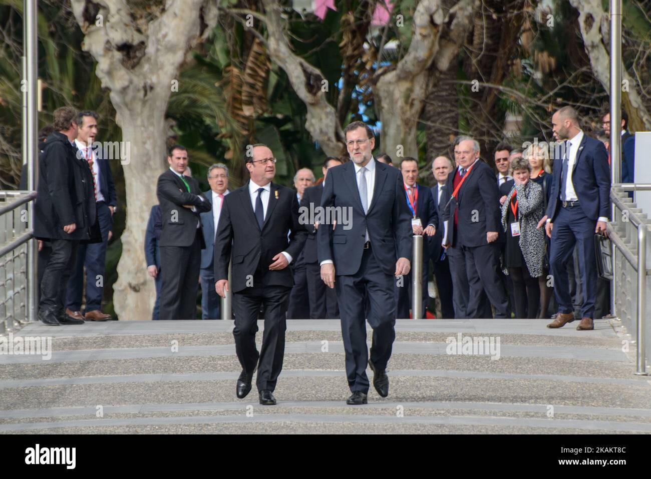 President of the French Republic Francois Hollande (L) and Spanish Prime Minister Mariano Rajoy arrive at the Centre Pompidou during the Spanish-Franco summit in Malaga, on February 20, 2017. (Photo by Guillaume Pinon/NurPhoto) *** Please Use Credit from Credit Field *** Stock Photo