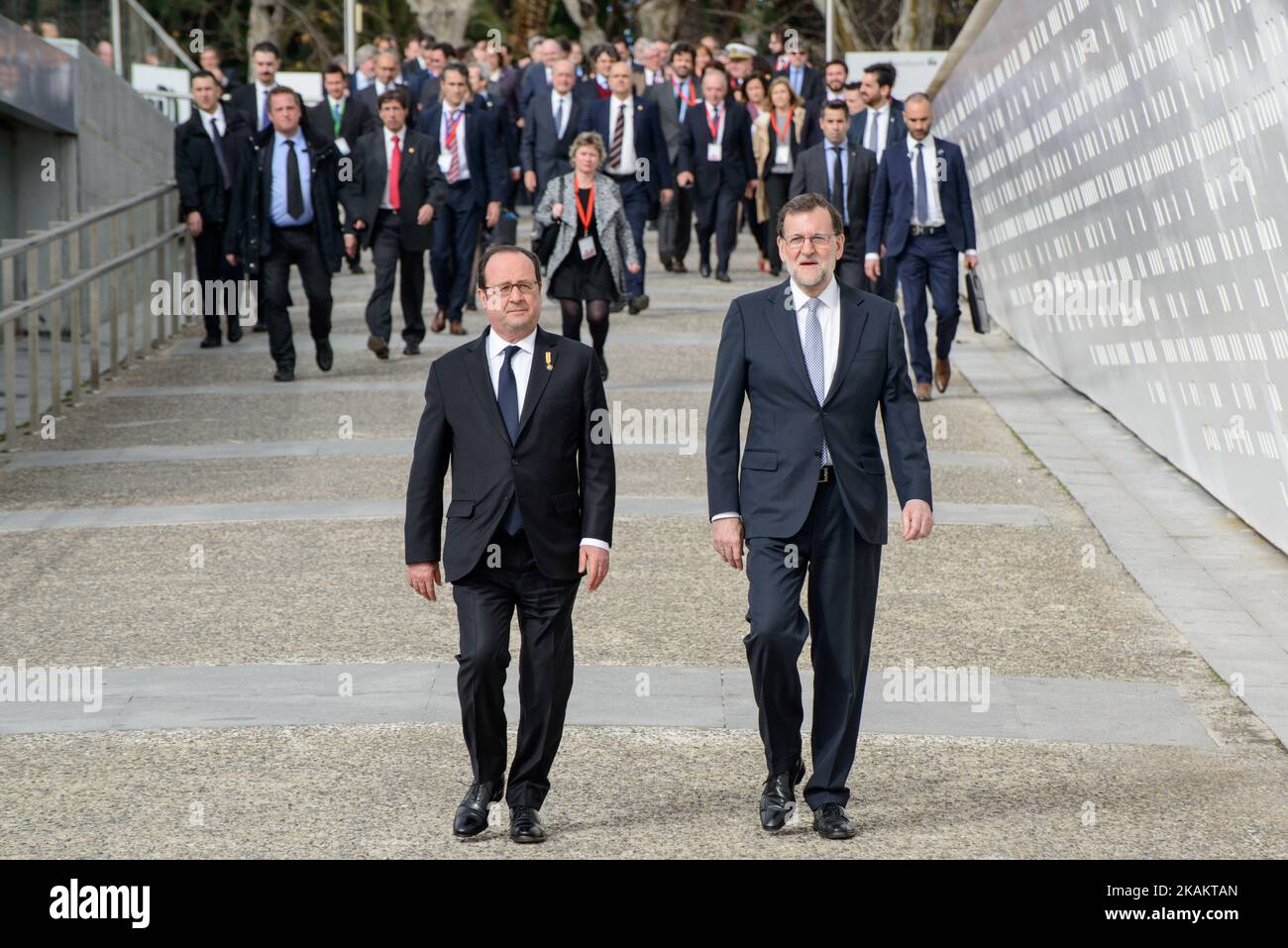 President of the French Republic Francois Hollande (L) and Spanish Prime Minister Mariano Rajoy arrive at the Centre Pompidou during the Spanish-Franco summit in Malaga, on February 20, 2017. (Photo by Guillaume Pinon/NurPhoto) *** Please Use Credit from Credit Field *** Stock Photo