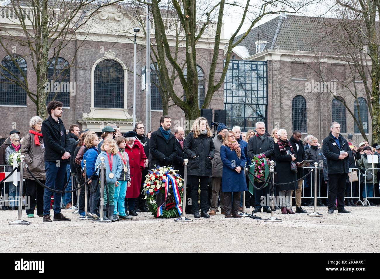 People take part at the commemoration of the Strike of February 1941 in Amsterdam, Netherlands, on 25 February 2017. The strike is remembered each year on 25 February in Amsterdam. The general strike, which is known as February Strike, began on 25 February 1941 in response to anti-Jewish measures the German occupiers of the Netherlands. The February Strike was called by the then illegal Dutch Communist Party, and Amsterdam dockworkers went on strike in solidarity with the 425 Jews arrested by the Germans previously and deported to the Mauthausen concentration camp in Austria. The February Stri Stock Photo