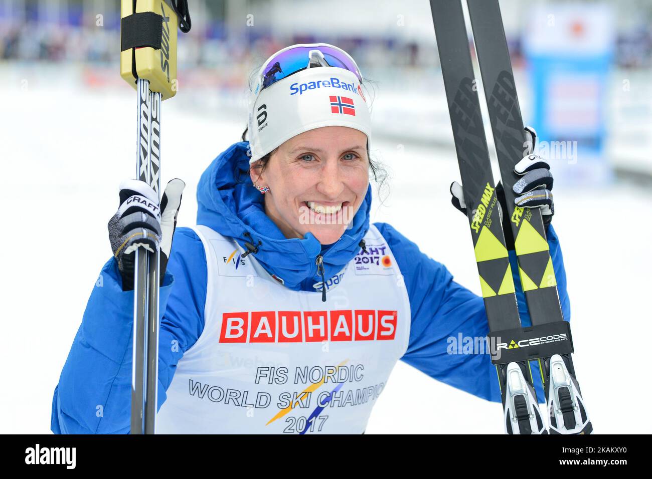 Marit Bjoergen from Norway celebrates at the finish line after winning Ladies cross-country 10.0km Individual Classic final, at FIS Nordic World Ski Championship 2017 in Lahti. On Tuesday, February 28, 2017, in Lahti, Finland. Photo by Artur Widak *** Please Use Credit from Credit Field ***  Stock Photo