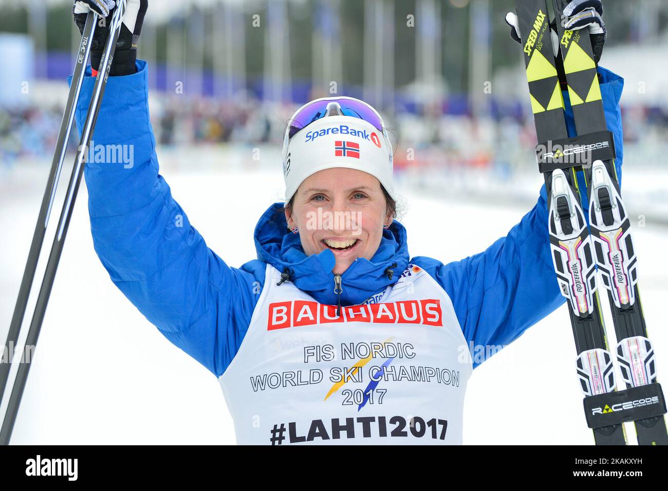 Marit Bjoergen from Norway celebrates at the finish line after winning Ladies cross-country 10.0km Individual Classic final, at FIS Nordic World Ski Championship 2017 in Lahti. On Tuesday, February 28, 2017, in Lahti, Finland. Photo by Artur Widak *** Please Use Credit from Credit Field ***  Stock Photo