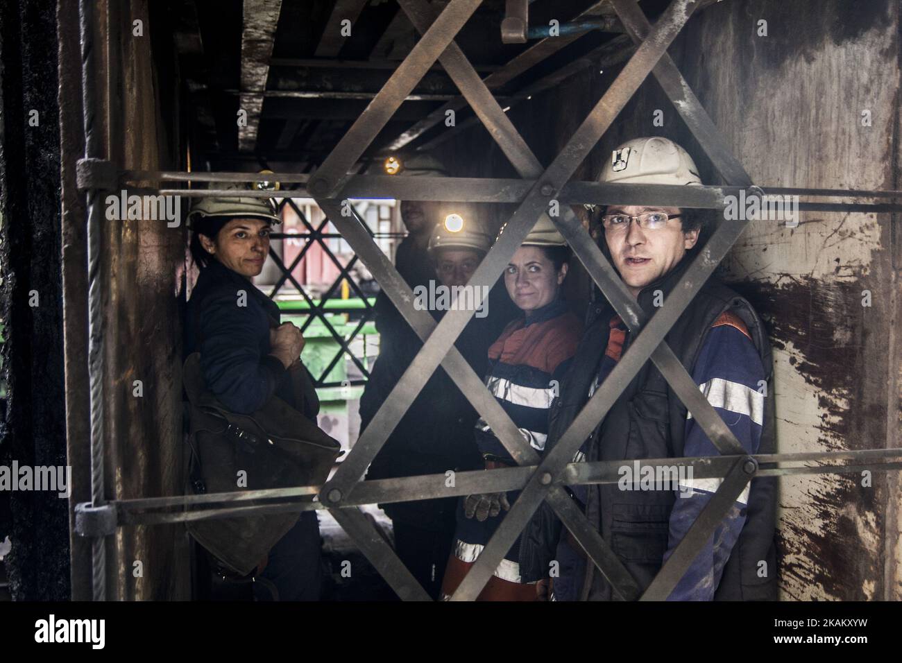 Daily life in Soton, the historic mining pit in Spain near Langreo, northern Spain, on February 28, 2017. Three thousand people have been miners for a day and experienced the sensation of working hundreds of meters deep extracting coal in the Sotón well, converted into a tourist attraction a year and a half ago and by which more visitors have passed than workers are left Active in the sector in Spain. The conversion of the coal industry, which in the 1990s still employed more than 50,000 workers, has led the leading company in the sector, the public Hunosa, to design diversification activities Stock Photo