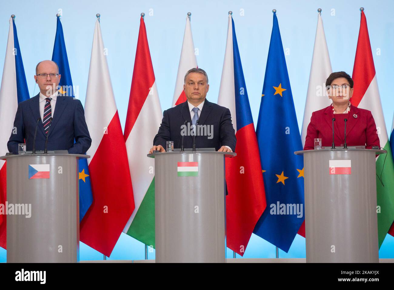 Czech Republic Prime Minister Bohuslav Sobotka, Hungary Prime Minister Viktor Orban, Poland Prime Minister Beata Szydlo during the Visegrad Group meeting in Warsaw, Poland on 2 March 2017 (Photo by Mateusz Wlodarczyk/NurPhoto) *** Please Use Credit from Credit Field *** Stock Photo