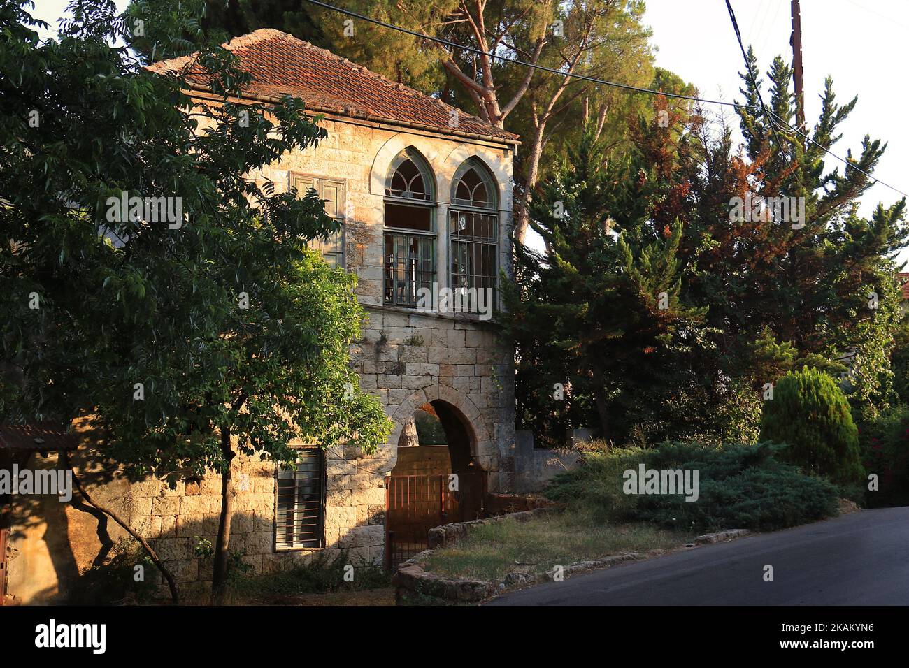A traditional house in the Lebanese village with broken windows.. Stock Photo