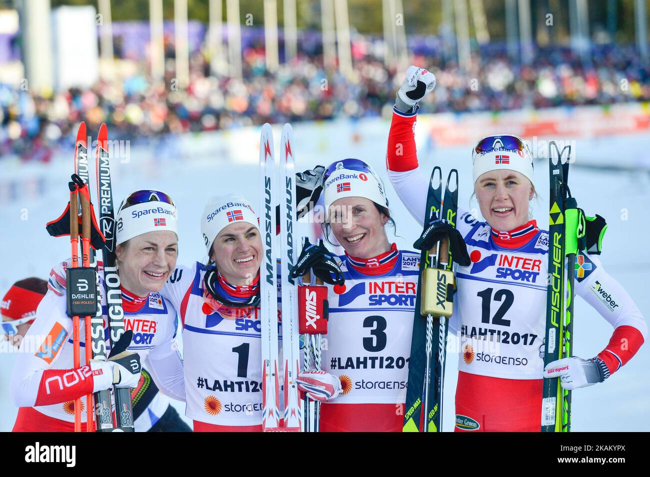 (Left-Right) Astrid Uhrenholdt Jacobsen, Heidi Weng, Marit Bjoergen and Ragnhild Haga, all from Norway, take the four first places in Ladies cross-country 30 km Mass Start Free final, at FIS Nordic World Ski Championship 2017 in Lahti. On Saturday, March 04, 2017, in Lahti, Finland. Photo by Artur Widak *** Please Use Credit from Credit Field ***  Stock Photo