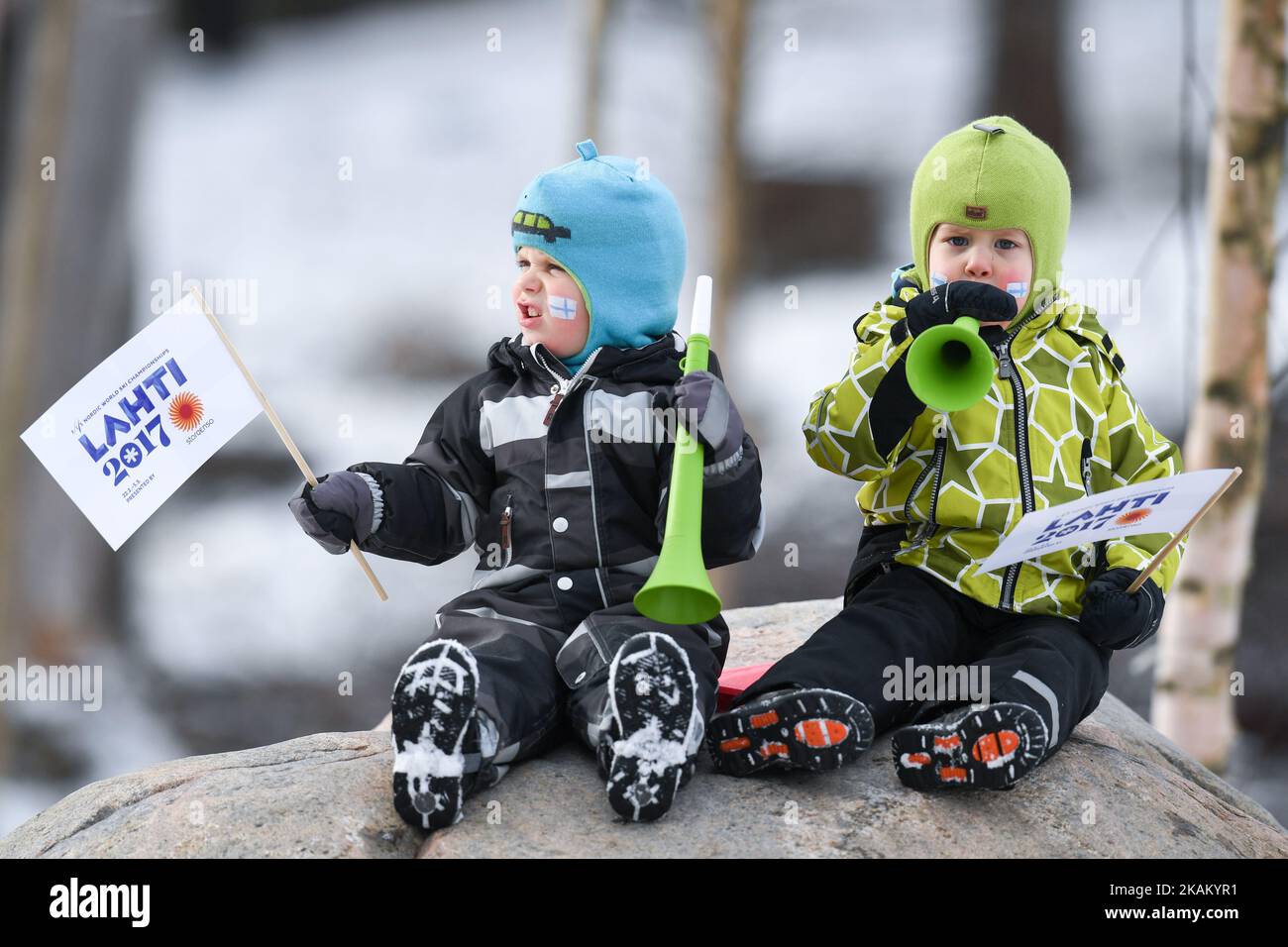 Two very young Finnish fans during Ladies cross-country 30 km Mass Start Free final, at FIS Nordic World Ski Championship 2017 in Lahti. On Saturday, March 04, 2017, in Lahti, Finland. Photo by Artur Widak *** Please Use Credit from Credit Field ***  Stock Photo