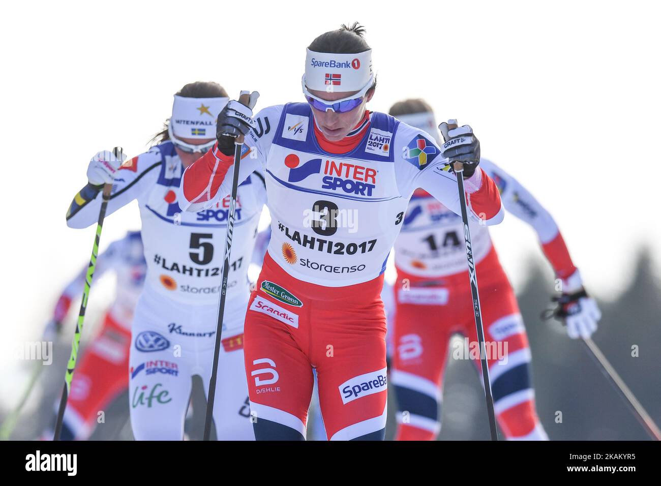 Marit Bjoergen (Center) from Norway leads during Ladies cross-country 30 km Mass Start Free final, at FIS Nordic World Ski Championship 2017 in Lahti. On Saturday, March 04, 2017, in Lahti, Finland. Photo by Artur Widak *** Please Use Credit from Credit Field ***  Stock Photo