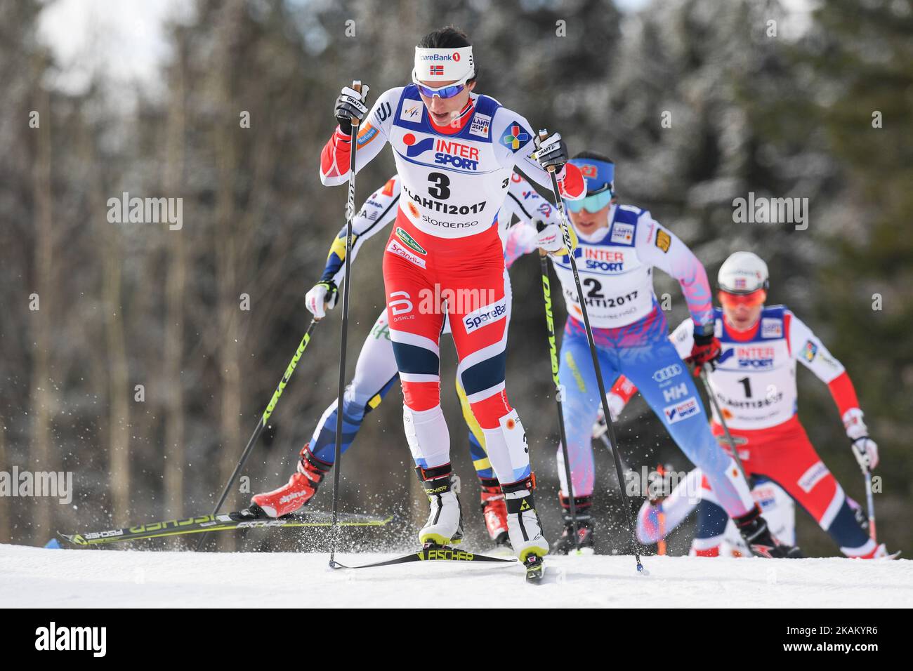 Marit Bjoergen from Norway leads during Ladies cross-country 30 km Mass Start Free final, at FIS Nordic World Ski Championship 2017 in Lahti. On Saturday, March 04, 2017, in Lahti, Finland. Photo by Artur Widak *** Please Use Credit from Credit Field ***  Stock Photo