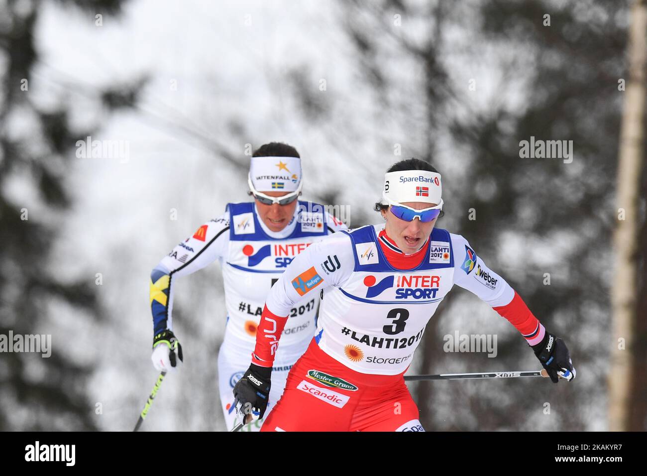 Charlotte Kalla from Sweden behind Marit Bjoergen from Norway during Ladies cross-country 30 km Mass Start Free final, at FIS Nordic World Ski Championship 2017 in Lahti. On Saturday, March 04, 2017, in Lahti, Finland. Photo by Artur Widak *** Please Use Credit from Credit Field ***  Stock Photo