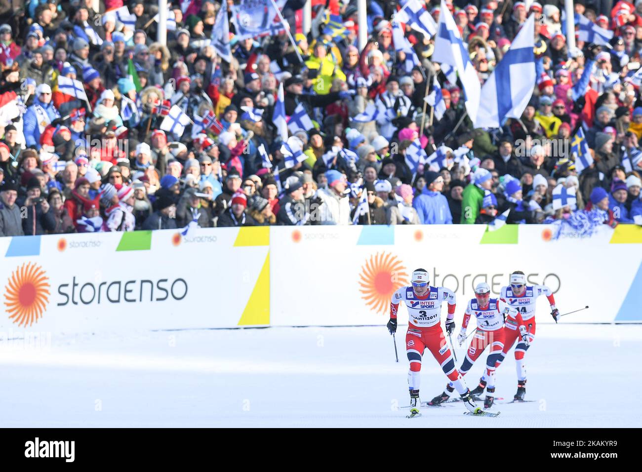 (Left-Right) Marit Bjoergen, Heidi Weng and Astrid Uhrenholdt Jacobsen, during the last 100 metres in Ladies cross-country 30 km Mass Start Free final, at FIS Nordic World Ski Championship 2017 in Lahti. On Saturday, March 04, 2017, in Lahti, Finland. Photo by Artur Widak *** Please Use Credit from Credit Field ***  Stock Photo