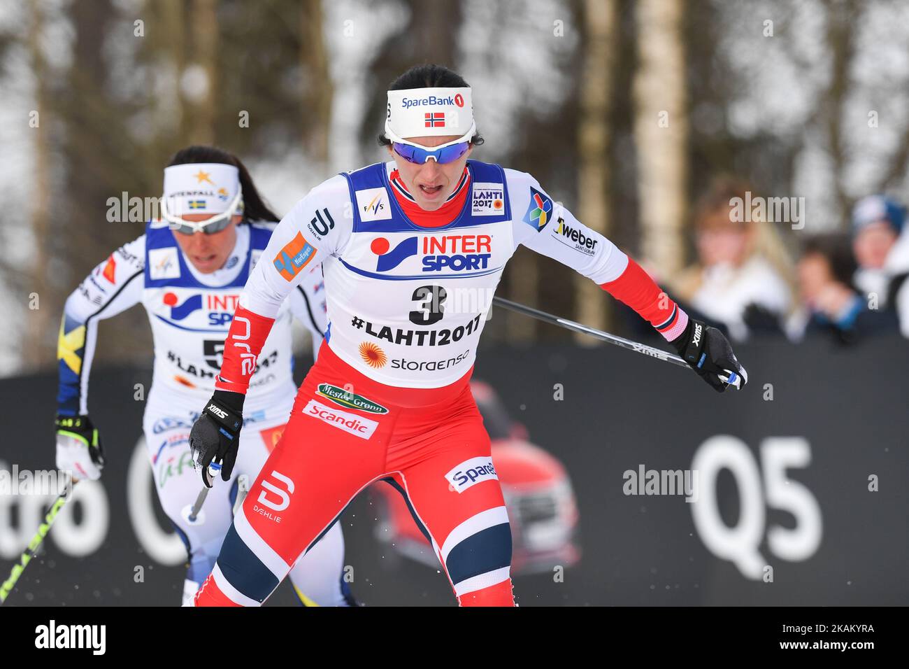 Marit Bjoergen (Right) from Norway and Charlotte Calla from Sweden, during Ladies cross-country 30 km Mass Start Free final, at FIS Nordic World Ski Championship 2017 in Lahti. On Saturday, March 04, 2017, in Lahti, Finland. Photo by Artur Widak *** Please Use Credit from Credit Field ***  Stock Photo