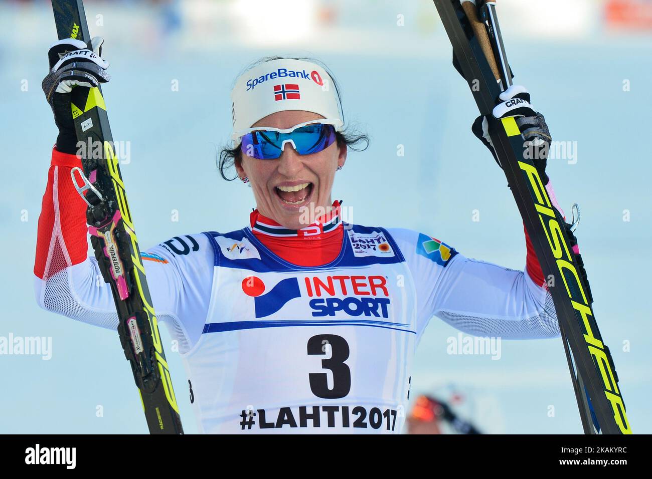 Marit Bjoergen from Norway celebrates after she wins Ladies cross-country 30 km Mass Start Free and her FOURTH GOLD MEDAL, at FIS Nordic World Ski Championship 2017 in Lahti. On Saturday, March 04, 2017, in Lahti, Finland. Photo by Artur Widak *** Please Use Credit from Credit Field ***  Stock Photo