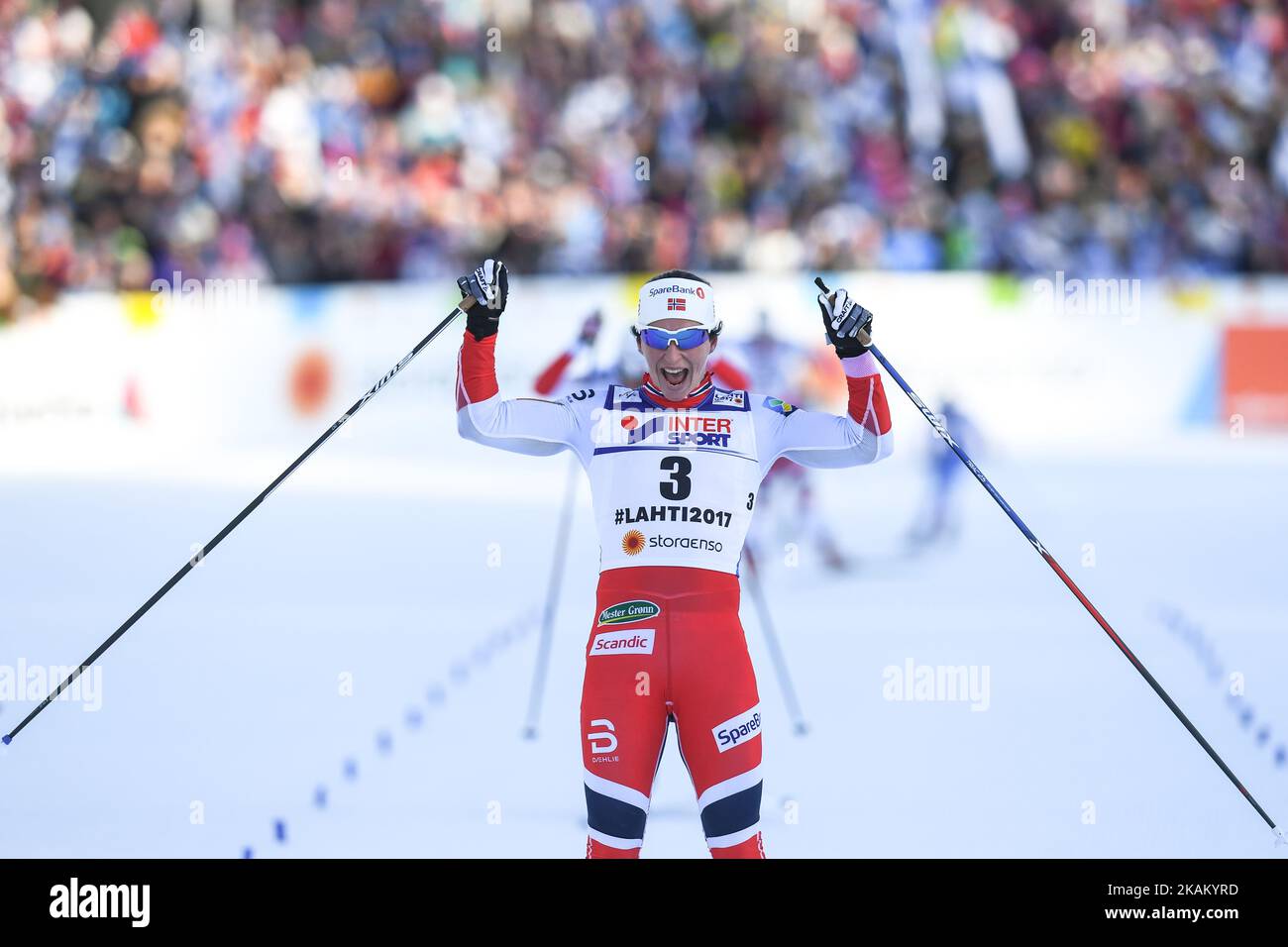 Marit Bjoergen wins her Fourth Gold Medal ahead of her Norway team-mates, Heidi Weng, Astrid Uhrenholdt Jacobsen and Ragnhild Hagaall, in Ladies cross-country 30 km Mass Start Free final, at FIS Nordic World Ski Championship 2017 in Lahti. On Saturday, March 04, 2017, in Lahti, Finland. Photo by Artur Widak *** Please Use Credit from Credit Field ***  Stock Photo