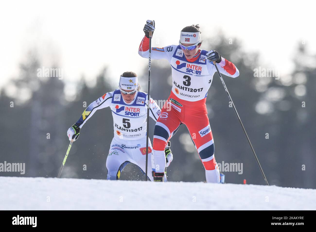 Marit Bjoergen (Right) from Norway, ahead of Charlotte Calla from Sweden from Norway, leads during Ladies cross-country 30 km Mass Start Free final, at FIS Nordic World Ski Championship 2017 in Lahti. On Saturday, March 04, 2017, in Lahti, Finland. Photo by Artur Widak *** Please Use Credit from Credit Field ***  Stock Photo