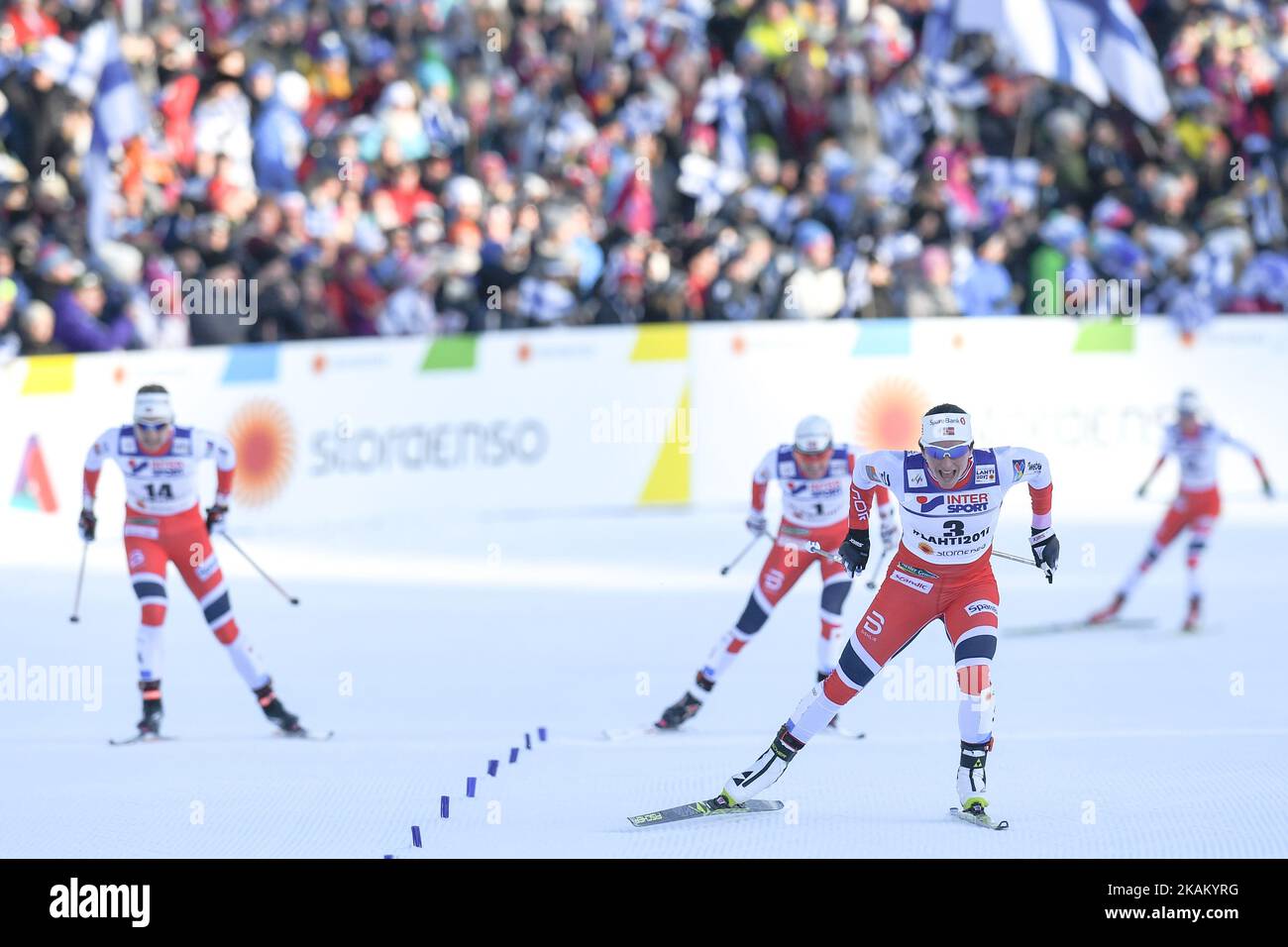 Marit Bjoergen sprint to win her Fourth Gold Medal ahead of her Norway team-mates, Heidi Weng, Astrid Uhrenholdt Jacobsen and Ragnhild Hagaall, in Ladies cross-country 30 km Mass Start Free final, at FIS Nordic World Ski Championship 2017 in Lahti. On Saturday, March 04, 2017, in Lahti, Finland. Photo by Artur Widak *** Please Use Credit from Credit Field ***  Stock Photo