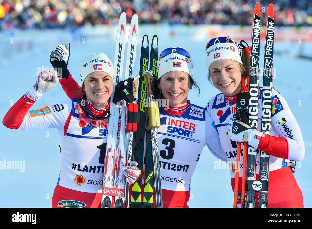 (Left-Right) Heidi Weng, Marit Bjoergen and Astrid Uhrenholdt Jacobsen, the podium of Ladies cross-country 30 km Mass Start Free final, at FIS Nordic World Ski Championship 2017 in Lahti. On Saturday, March 04, 2017, in Lahti, Finland. Photo by Artur Widak *** Please Use Credit from Credit Field ***  Stock Photo