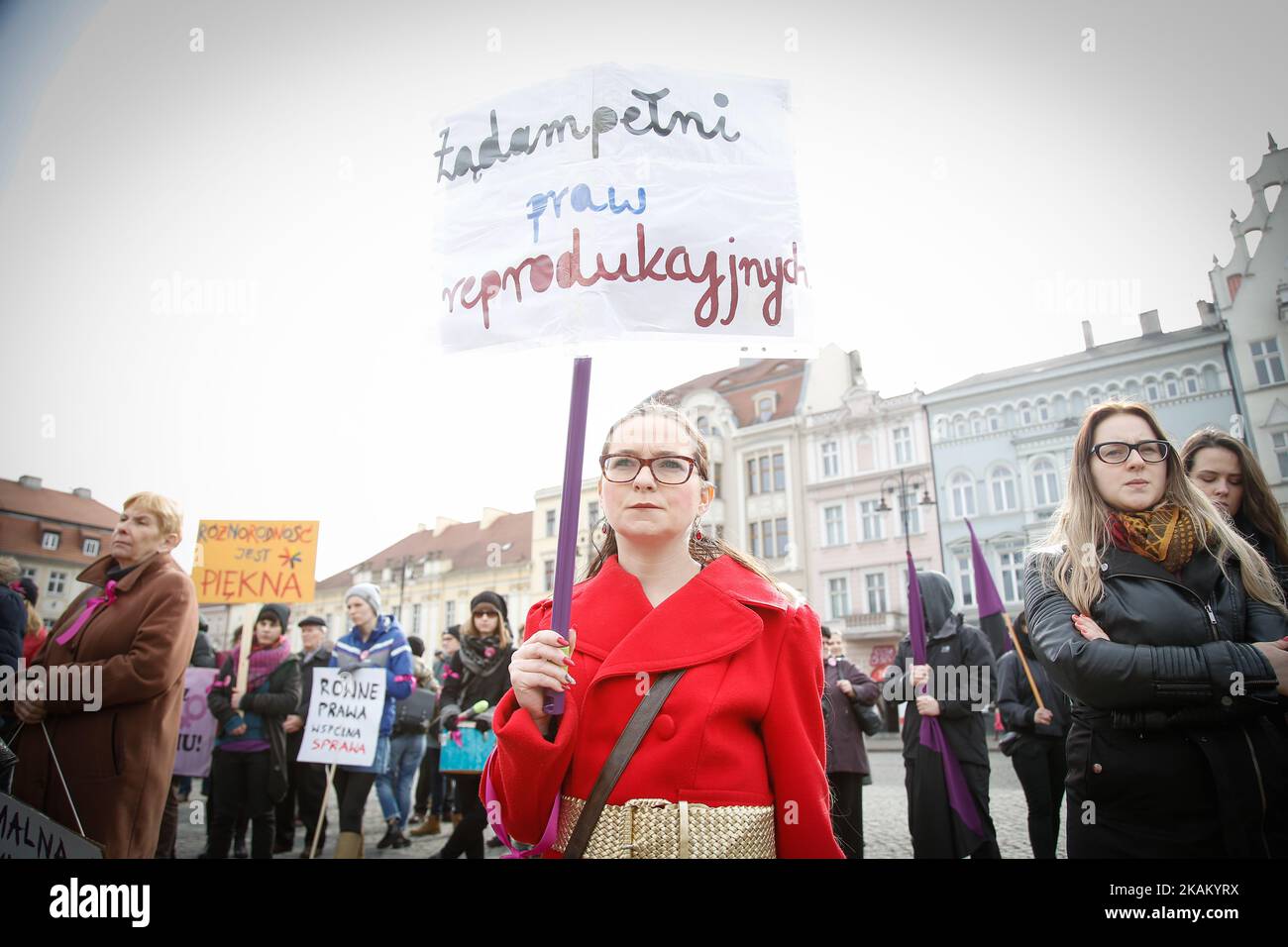 People are seen participating in a rally for more fair treatment of women on 4 March, 2017 in Bydgoszcz, Poland. The current conservative government has threatened the position of women with a law proposal to criminalise abortion and recently the Polish government has announced its retreat from the EU convention against domestic violence. (Photo by Jaap Arriens/NurPhoto) *** Please Use Credit from Credit Field *** Stock Photo