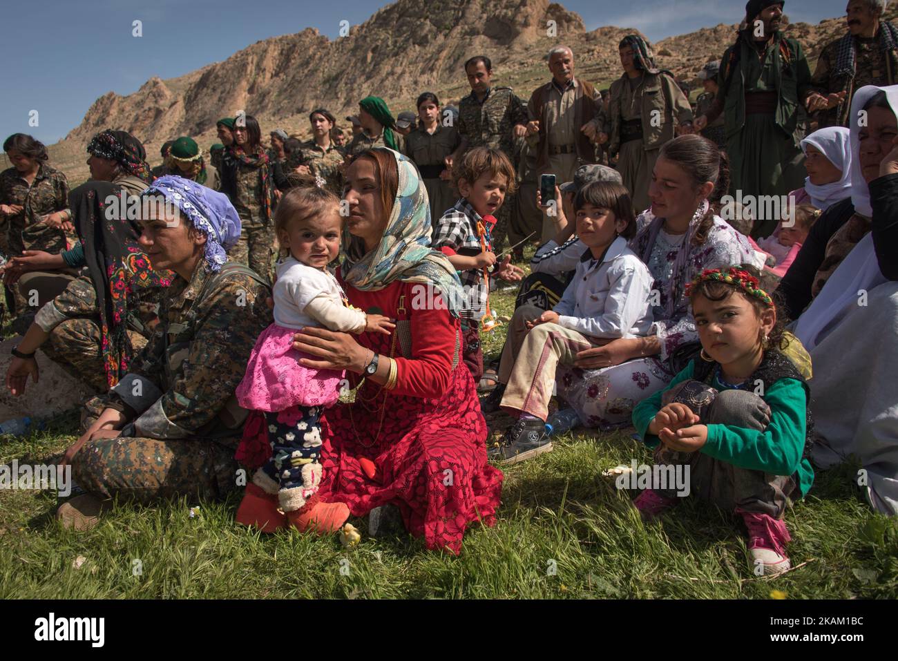 Soldiers with Kurdish militias in Sinjar, Iraq, celebrating the birthday of Abdullah Ocalan, a Kurdish nationalist leader and one of the founding members of the Kurdistan Workers' Party (PKK). Photos taken April 2016. (Photo by Diego Cupolo/NurPhoto) *** Please Use Credit from Credit Field *** Stock Photo