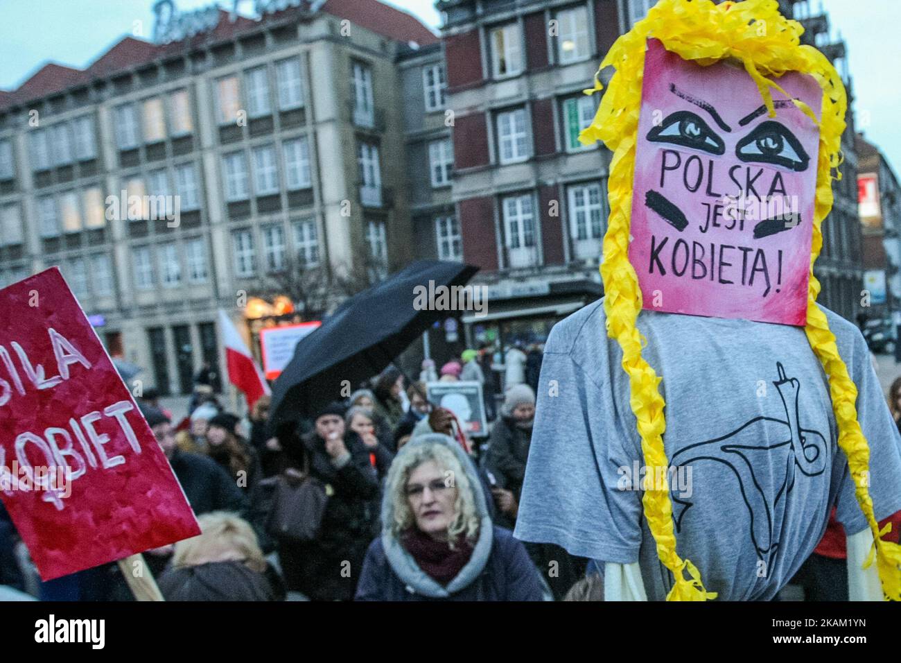 Protesters are seen on 8 March 2017 in Gdansk, Poland . Thousands gather in Gdansk to mark International Women's Day and demand civil rights, full reproductive rights, following a recently-passed law which makes hormonal contraceptives and the morning-after pill available by prescription-only, and against strict abortion policy. (Photo by Michal Fludra/NurPhoto) *** Please Use Credit from Credit Field *** Stock Photo