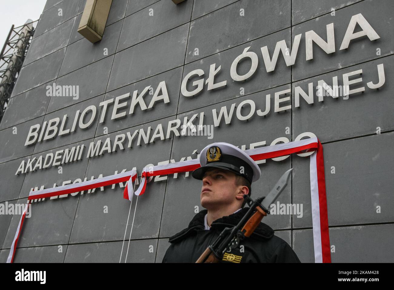 Inscription with Lech Kaczynski name is seen on 12 March 2017 in Gdynia, Poland . The name of the late president Lech Kaczynski's was given to Naval Academy library in Gdynia in occasion of 10th anniversary of Kaczynski visit in the Naval Academy. (Photo by Michal Fludra/NurPhoto) *** Please Use Credit from Credit Field *** Stock Photo