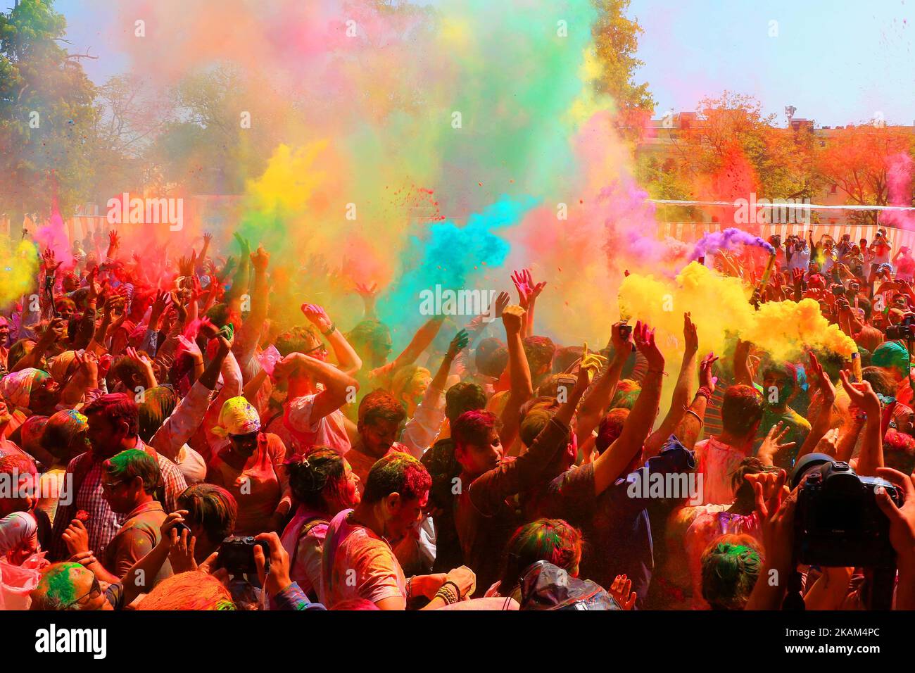 Indians and Foreigners tourist celebrating Holi Festival at Khasa Kothi organised by Rajasthan Tourism in Jaipur, Rajasthan , India on 13 March , 2017.(Photo By Vishal Bhatnagar/NurPhoto) (Photo by Vishal Bhatnagar/NurPhoto) *** Please Use Credit from Credit Field *** Stock Photo