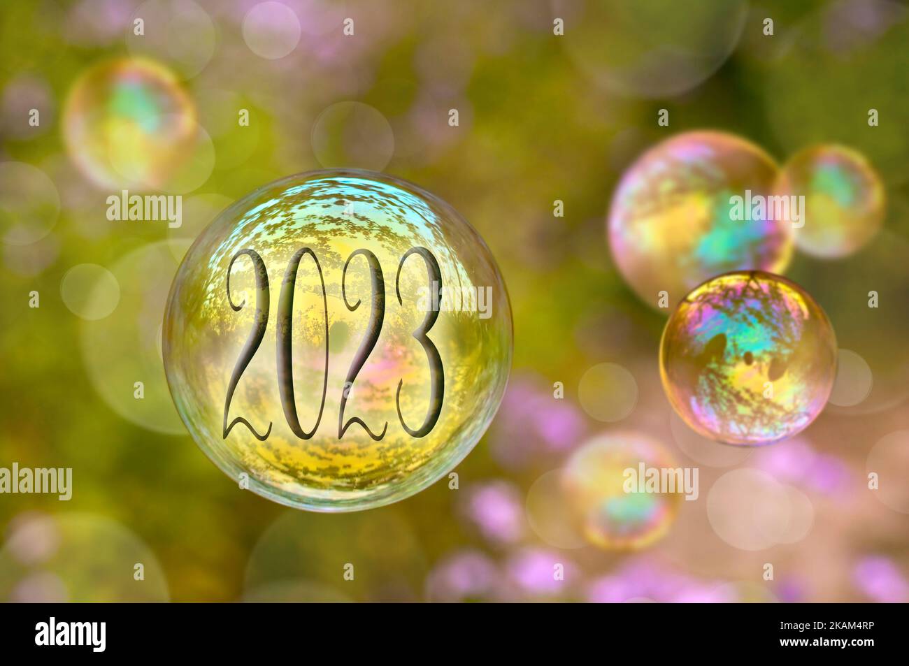 2023 soap bubble new year greeting card, lightness green natural ecological concept Stock Photo