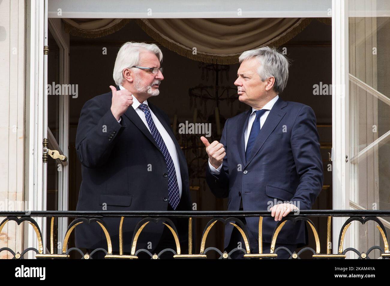 Minister of Foreign Affairs of Poland, Witold Waszczykowski (L) and Minister of Foreign Affairs of Belgium, Didier Reynders (R) in Warsaw, Poland on 14 March 2017 (Photo by Mateusz Wlodarczyk/NurPhoto) *** Please Use Credit from Credit Field *** Stock Photo