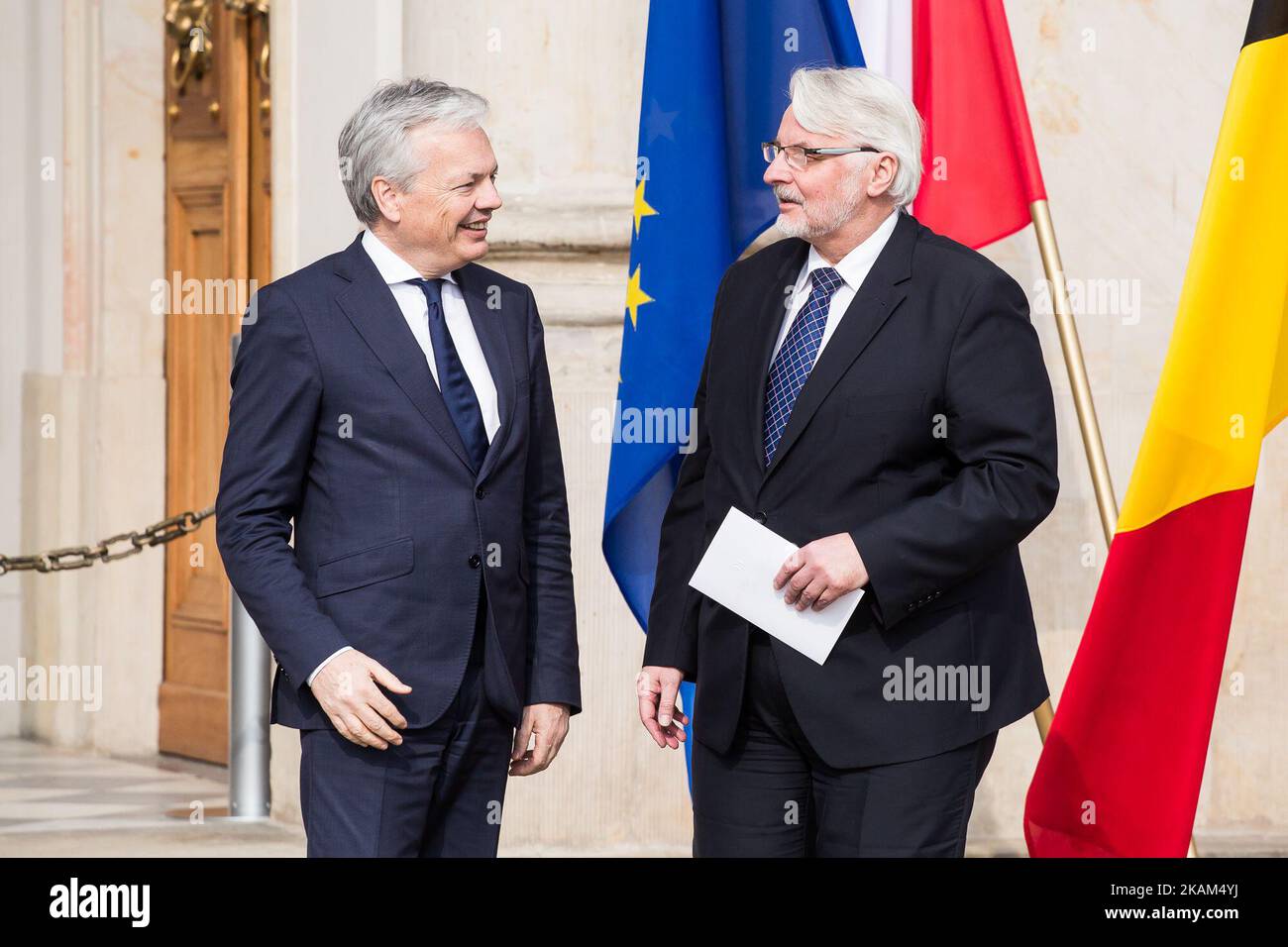Minister of Foreign Affairs of Poland, Witold Waszczykowski (R) and Minister of Foreign Affairs of Belgium, Didier Reynders (L) in Warsaw, Poland on 14 March 2017 (Photo by Mateusz Wlodarczyk/NurPhoto) *** Please Use Credit from Credit Field *** Stock Photo