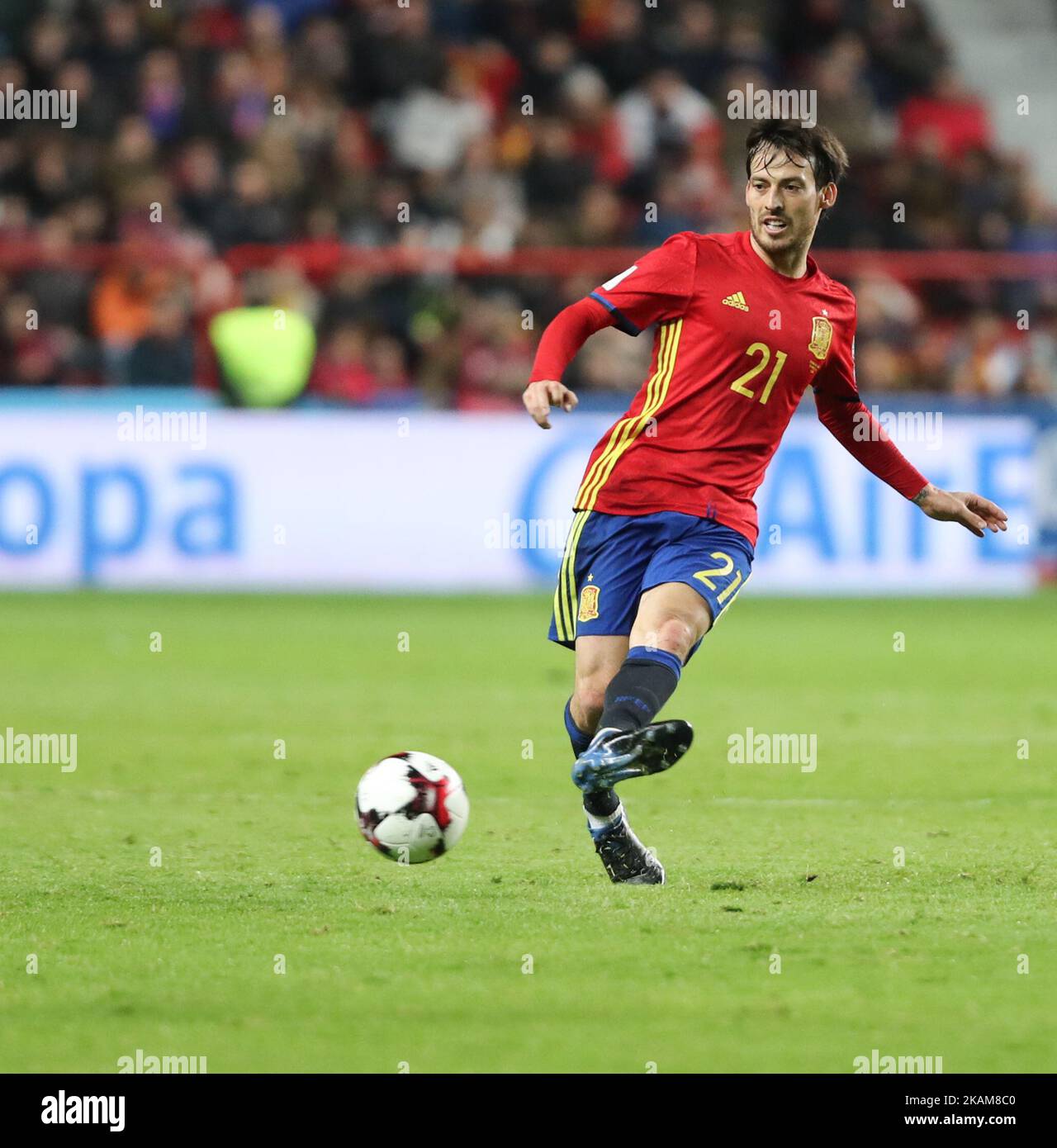 David Silva of Spain shots the ball during the FIFA 2018 World Cup Qualifier between Spain and Israel at Estadio El Molinon on March 24, 2017 in Gijon, Spain. (Photo by Ahmad Mora/NurPhoto) *** Please Use Credit from Credit Field *** Stock Photo