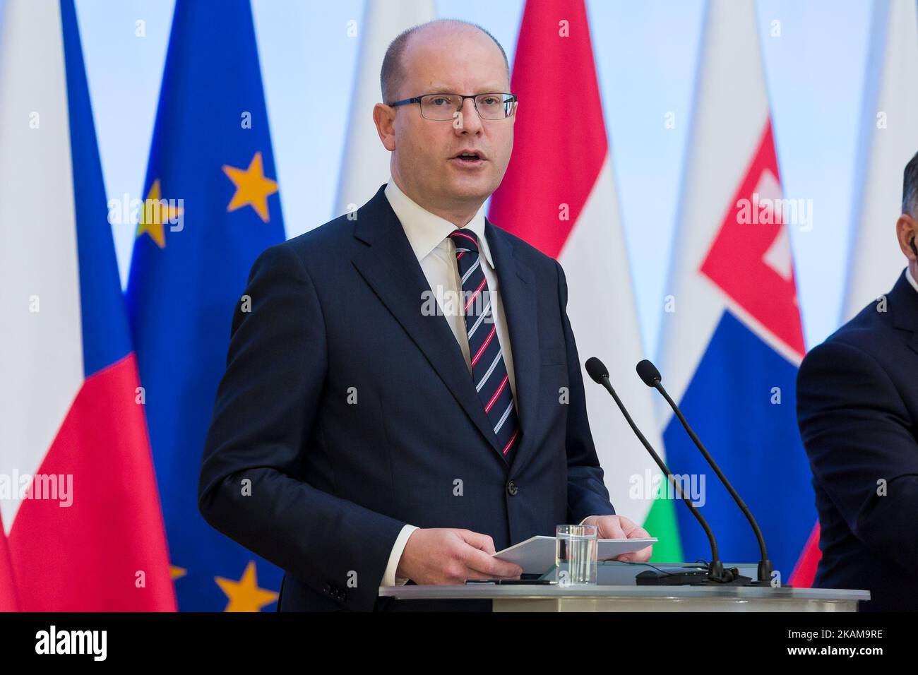 Czech Republic Prime Minister Bohuslav Sobotka during the Visegrad Group meeting in Warsaw, Poland on 28 March 2017 (Photo by Mateusz Wlodarczyk/NurPhoto) *** Please Use Credit from Credit Field *** Stock Photo