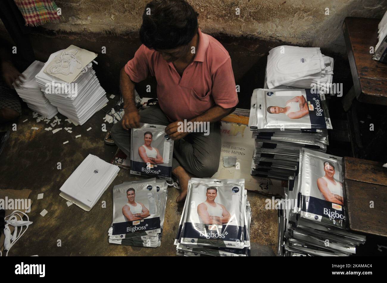 An Indian employee works inside an undergarment factory in Kolkata