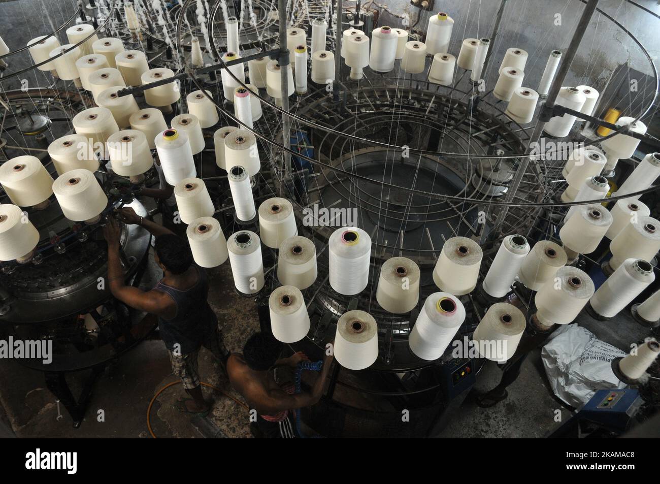An Indian employee works inside an undergarment factory in Kolkata
