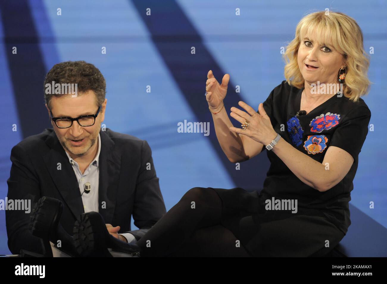 Fabio Fazio Italian presenter and TV host with Luciana Littizzetto Italian comic, comedian, radio host, voice actress, television host, author and actress during the tv show Che Tempo Che Fa in Milan, Italy, on March 26, 2017. (Photo by Omar Bai/NurPhoto) (Photo by Omar Bai/NurPhoto) *** Please Use Credit from Credit Field *** Stock Photo