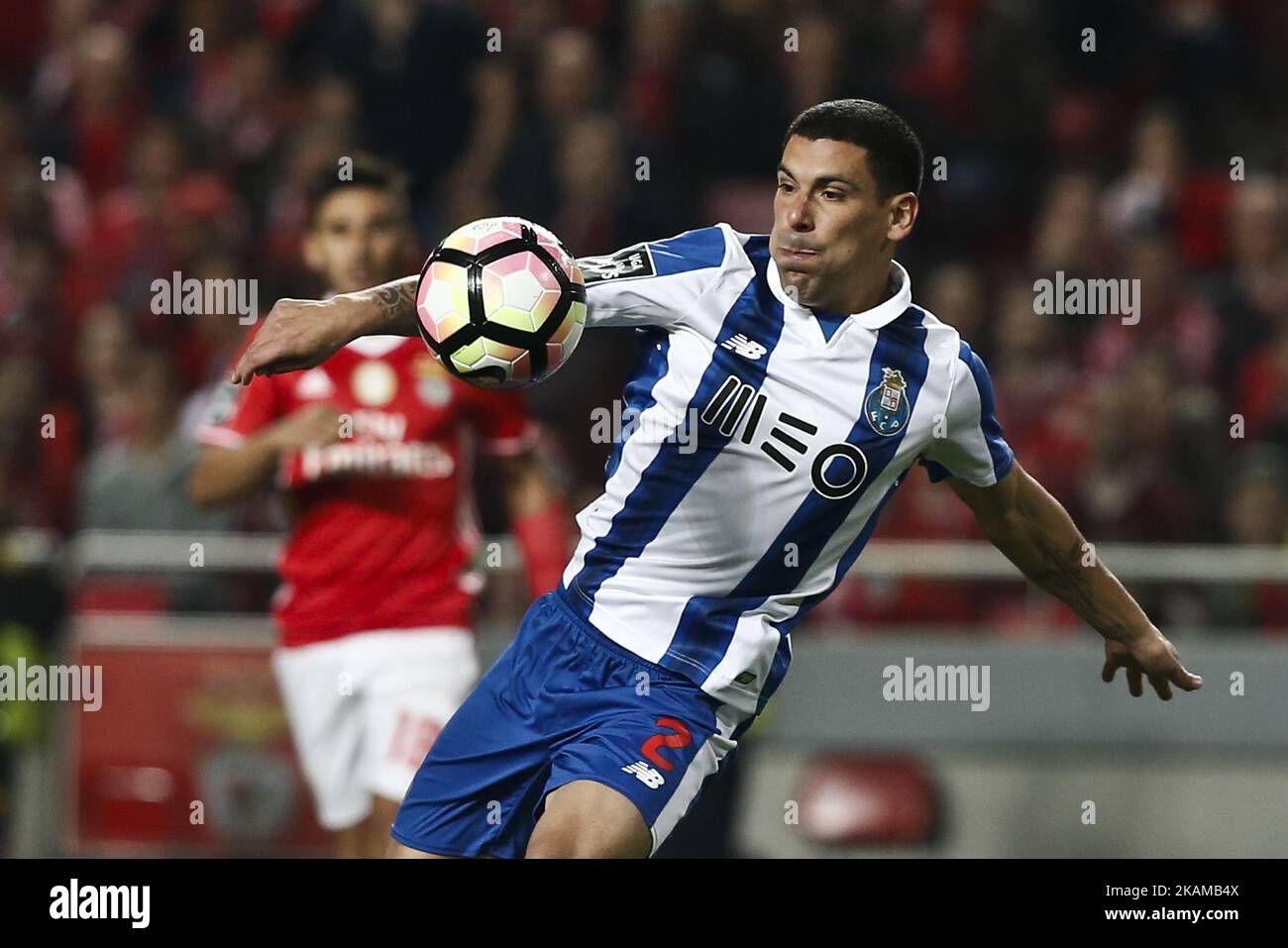 Porto's defender Maxi Pereira scores his team's goal during Premier League 2016/17 match between SL Benfica vs FC Porto, in Lisbon, on April 1, 2017. (Photo by Carlos Palma/NurPhoto) *** Please Use Credit from Credit Field *** Stock Photo