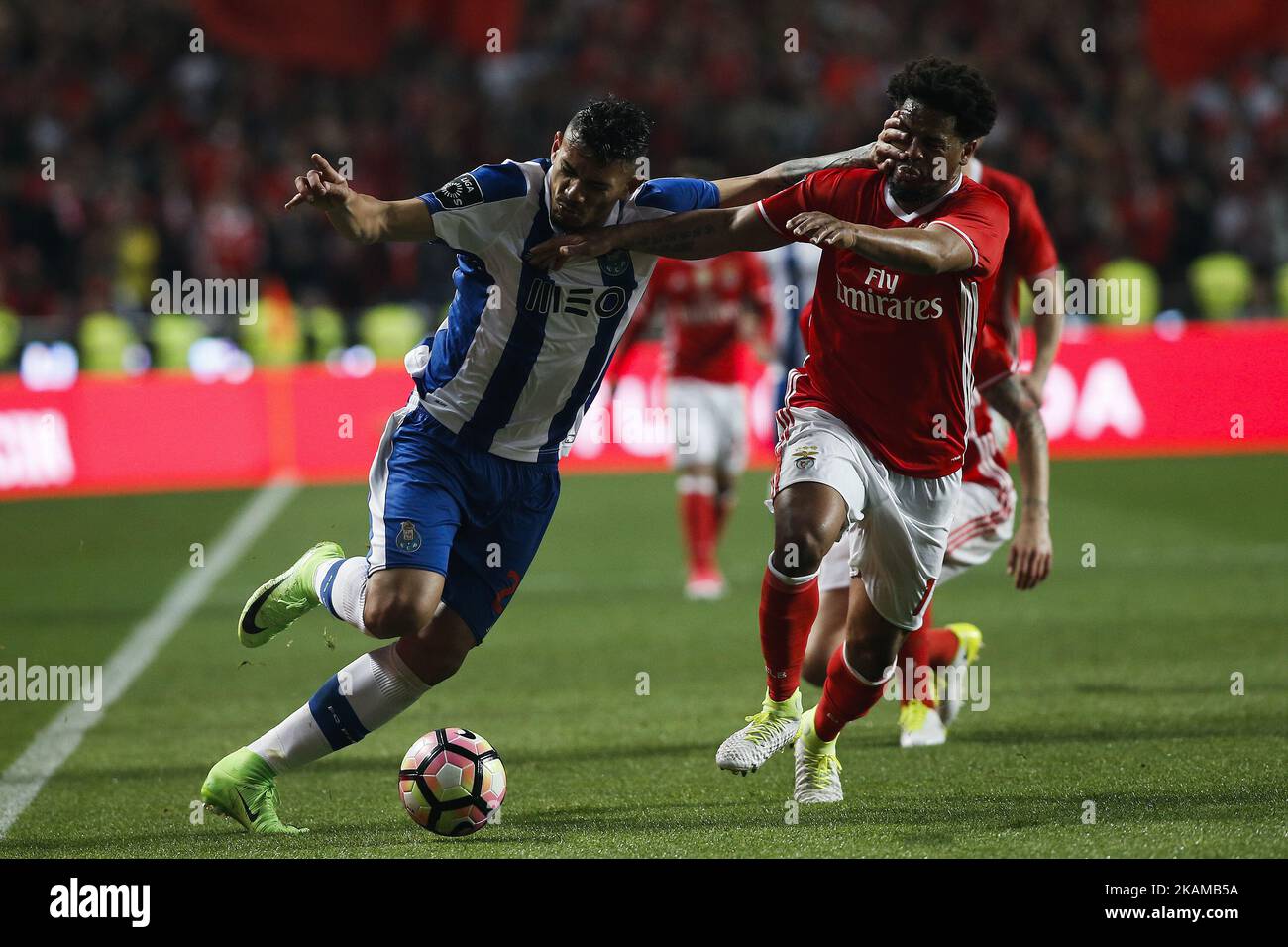 Porto's forward Soares (L) vies for the ball with Benfica's defender Eliseu (R) during Premier League 2016/17 match between SL Benfica vs FC Porto, in Lisbon, on April 1, 2017. (Photo by Carlos Palma/NurPhoto) *** Please Use Credit from Credit Field *** Stock Photo