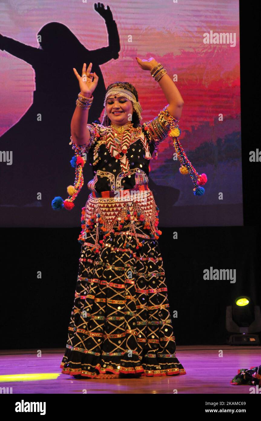 Indian Folk Dancer perform World famous Kalbelia dancer,Kalbelia is performed by Naachato Rajasthan the women's group of the Kalbelia community of Rajasthan, on April 4, 2017. The main occupation of the community is catching snakes and trading snake venom, on April 4, 2017. Hence, the dance movements and the costumes bear resemblance to that of the serpents, on April 4, 2017. Dancers attired in traditional black swirling skirts sway sinuously to the plaintive notes of the 'been' in Kolkata,India, on April 4, 2017. (Photo by Debajyoti Chakraborty/NurPhoto) *** Please Use Credit from Credit Fiel Stock Photo