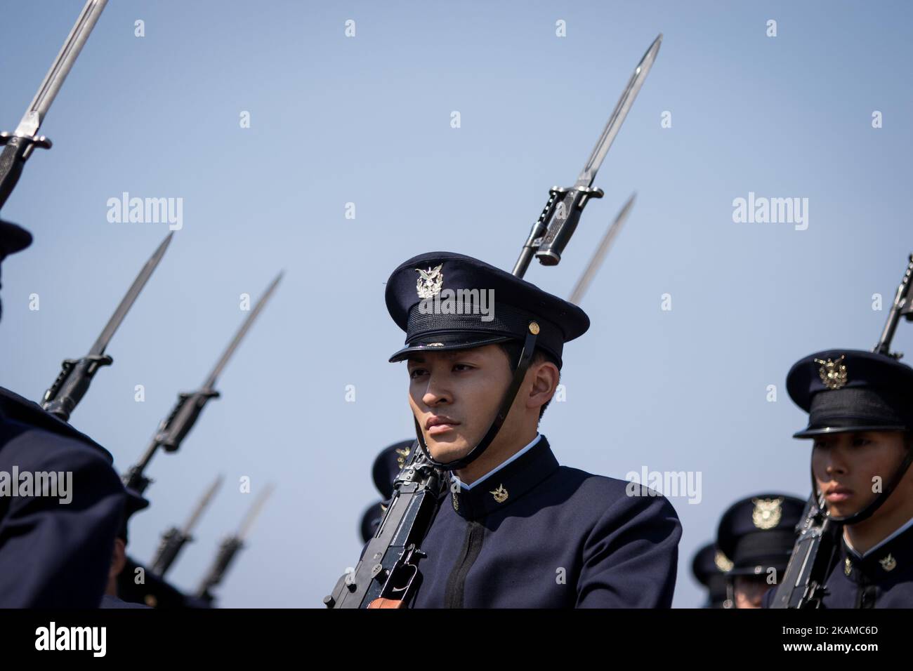 Japanese cadets march during the entrance ceremony of new students at National Defense Academy in Yokosuka, south of Tokyo, Japan, April 5, 2017. This year, 468 new cadets enter the academy. (Photo by Richard Atrero de Guzman/NurPhoto) *** Please Use Credit from Credit Field *** Stock Photo