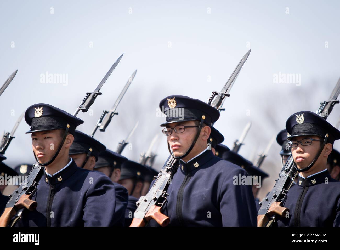 Japanese cadets march during the entrance ceremony of new students at National Defense Academy in Yokosuka, south of Tokyo, Japan, April 5, 2017. This year, 468 new cadets enter the academy. (Photo by Richard Atrero de Guzman/NurPhoto) *** Please Use Credit from Credit Field *** Stock Photo