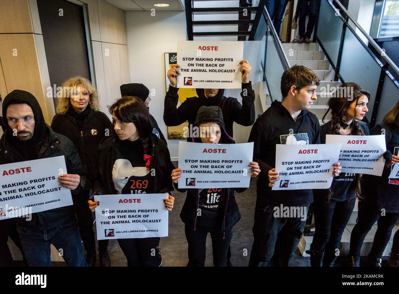 Blocking of the head office of the company Aoste to protest against meat consumption and for promotion veganism by the association '269 Life-Liberation Animale'. The demonstrators dumped false blood on the premises and were forcibly evacuated by the police after two hours of occupation. The two leaders, Ceylan Cirik and Tiphaine Lagarde, were handcuffed and taken to the police station on 6 April 2017 in Lyon, France. (Photo by Nicolas Liponne/NurPhoto) *** Please Use Credit from Credit Field *** Stock Photo