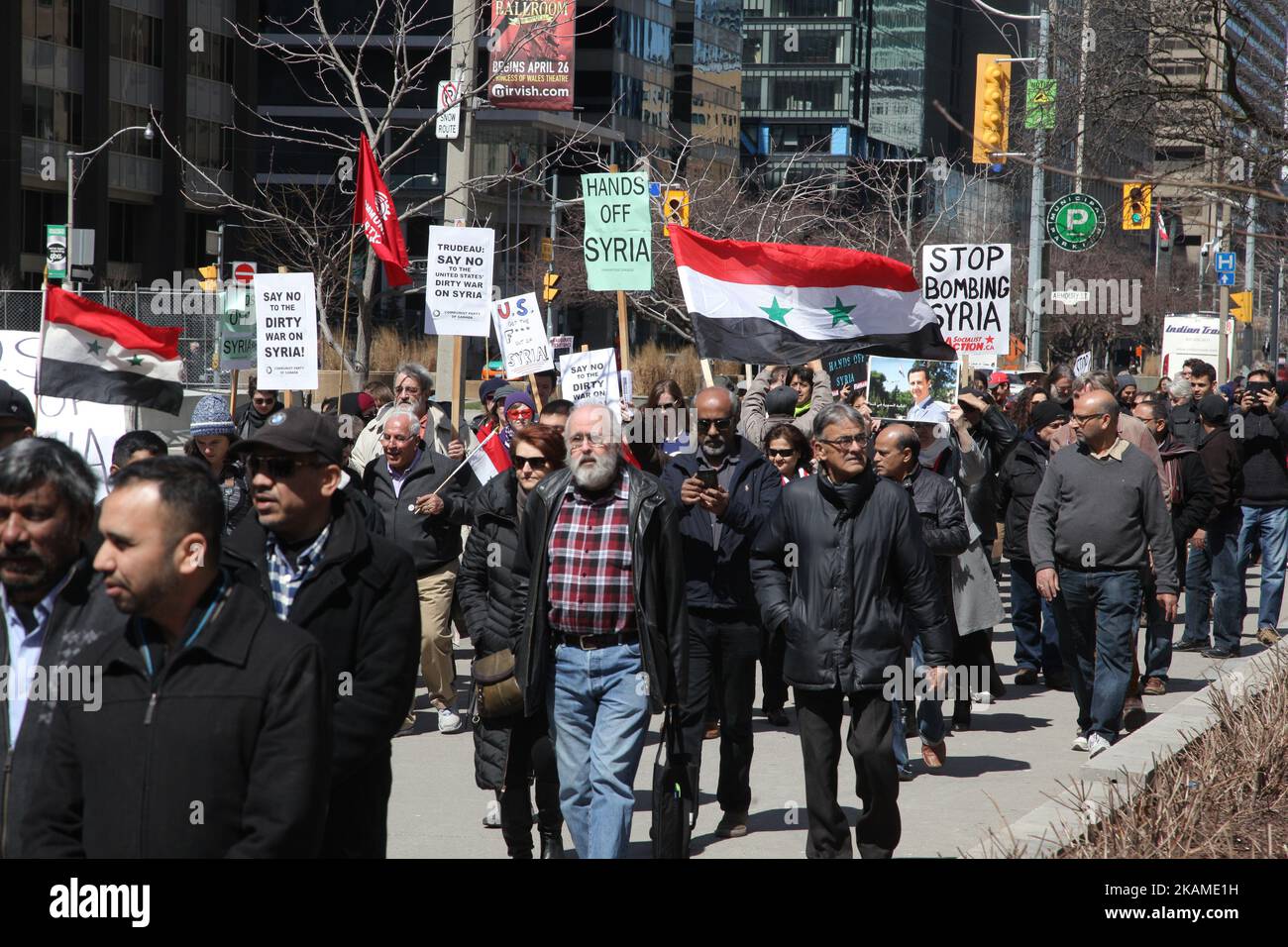 Protest against US President Donald Trump's decision to launch airstrikes against Syria on April 8, 2017 in Toronto, Ontario Canada. Protestors marched in downtown Toronto to denounce this week's airstrikes against the Syrian regime. America launched a missile strike against Syria for the first time since the civil war began, targeting an airbase in the small town of Idlib from which the United States claims this week’s chemical weapons attack on civilians was launched by Bashar al-Assad’s regime. (Photo by Creative Touch Imaging Ltd./NurPhoto) *** Please Use Credit from Credit Field *** Stock Photo