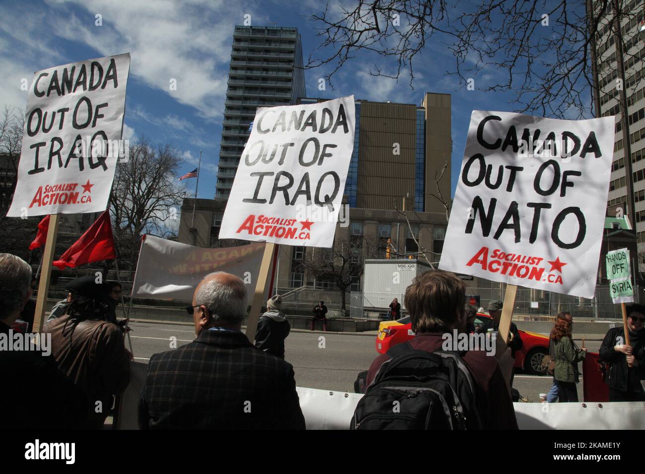 Protest against US President Donald Trump's decision to launch airstrikes against Syria on April 8, 2017 in Toronto, Ontario Canada. Protestors gathered to outside the American Consulate in Toronto to denounce this week's airstrikes against the Syrian regime. America launched a missile strike against Syria for the first time since the civil war began, targeting an airbase in the small town of Idlib from which the United States claims this week’s chemical weapons attack on civilians was launched by Bashar al-Assad’s regime. (Photo by Creative Touch Imaging Ltd./NurPhoto) *** Please Use Credit f Stock Photo